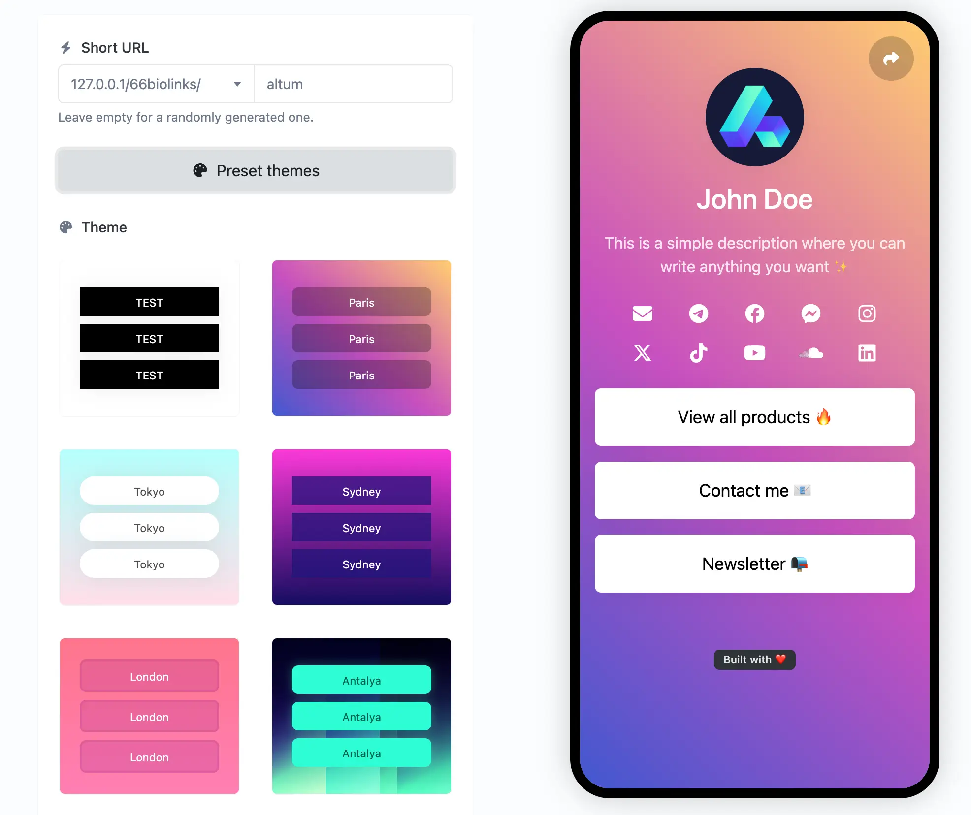 Screenshot halaman pengeditan biolink di aplikasi